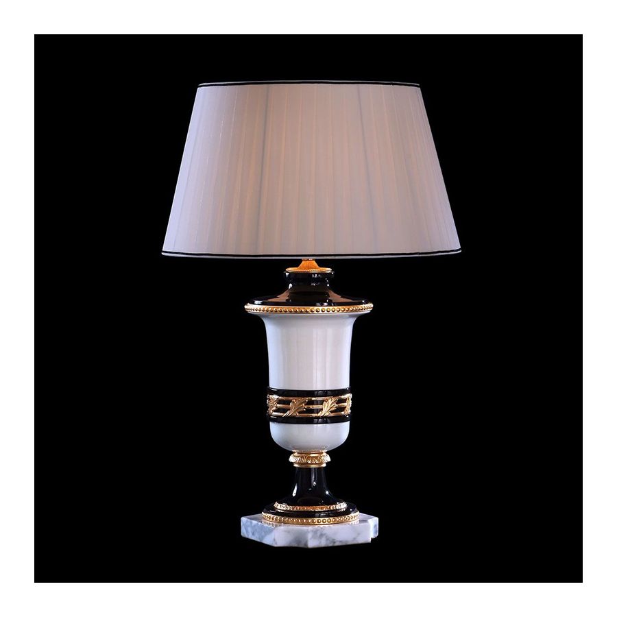 Antique Gold Plated and Bronze and Polished Black Finish / With white pleated lamp shade