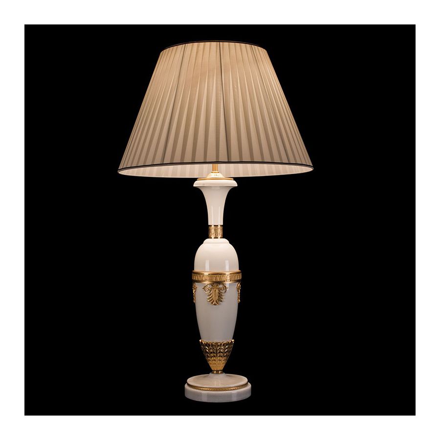 Antique Gold Plated and Balmoral finish / White Marble leg / With White Pleated lamp shade