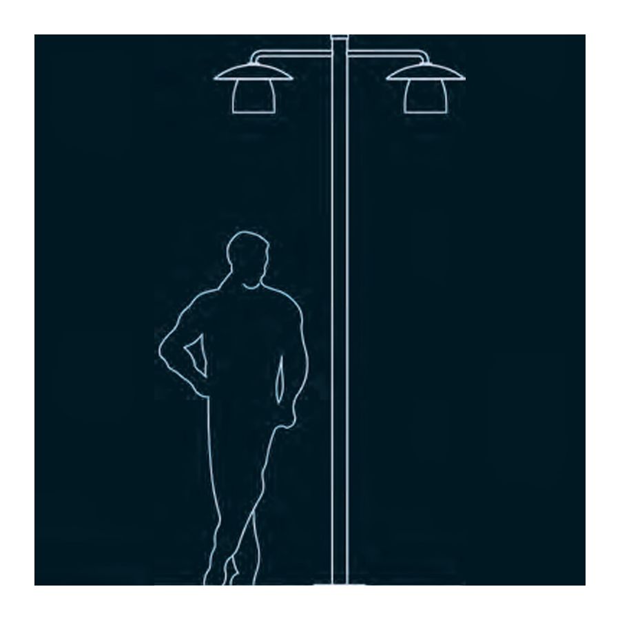 High post lamp, outdoor use, made of metal and glass, Iron nature finish, 2 lights (cm.: H 281 x W 125.5 / inch.: H 110.6" x W 49.4") - drawing