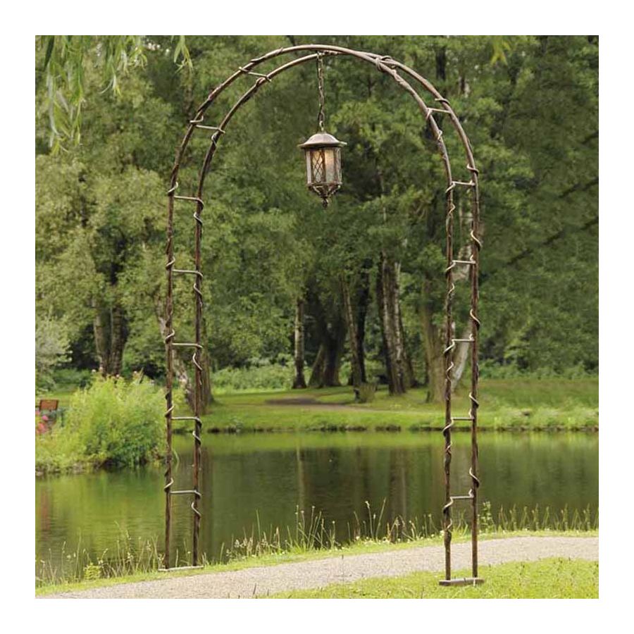 Rose arcade with lamp, handcrafted, wrought iron metal, Patina finish