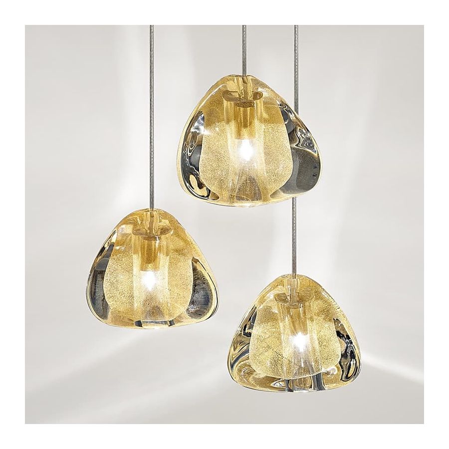 Suspension lamp / With white canopy / Clear and Gold diffuser / 3 lights (cm.: 190 x 22 x 22 / inch.: 74.8" x 8.7" x 8.7")