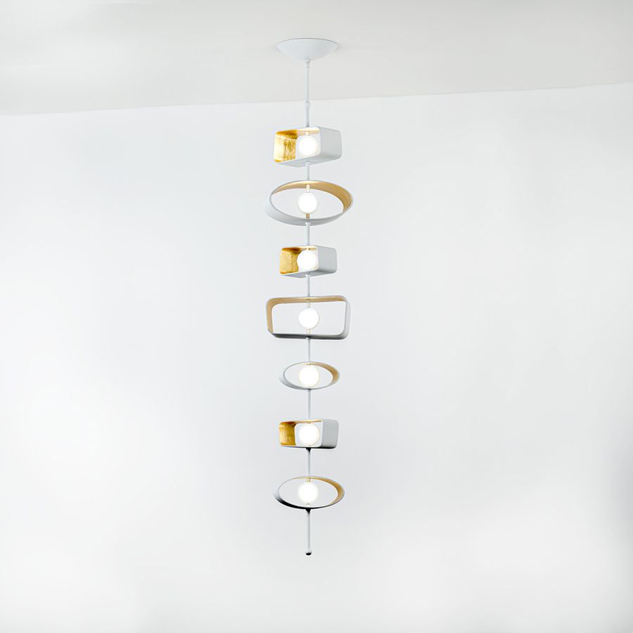Pendant lamp / Outside Finish & Inside Finish: Cloud & 22k Yellow Gold Leaf / Cast Form Composition: Mixed (Trapezoid + Oval)