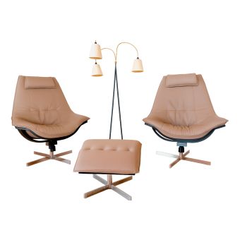 Roche Bobois /FLIGHT / hergestellt in Frankreich / Sidney-Leder und Naturholz / Set aus zwei Sesseln mit Pouf / Auf Lager