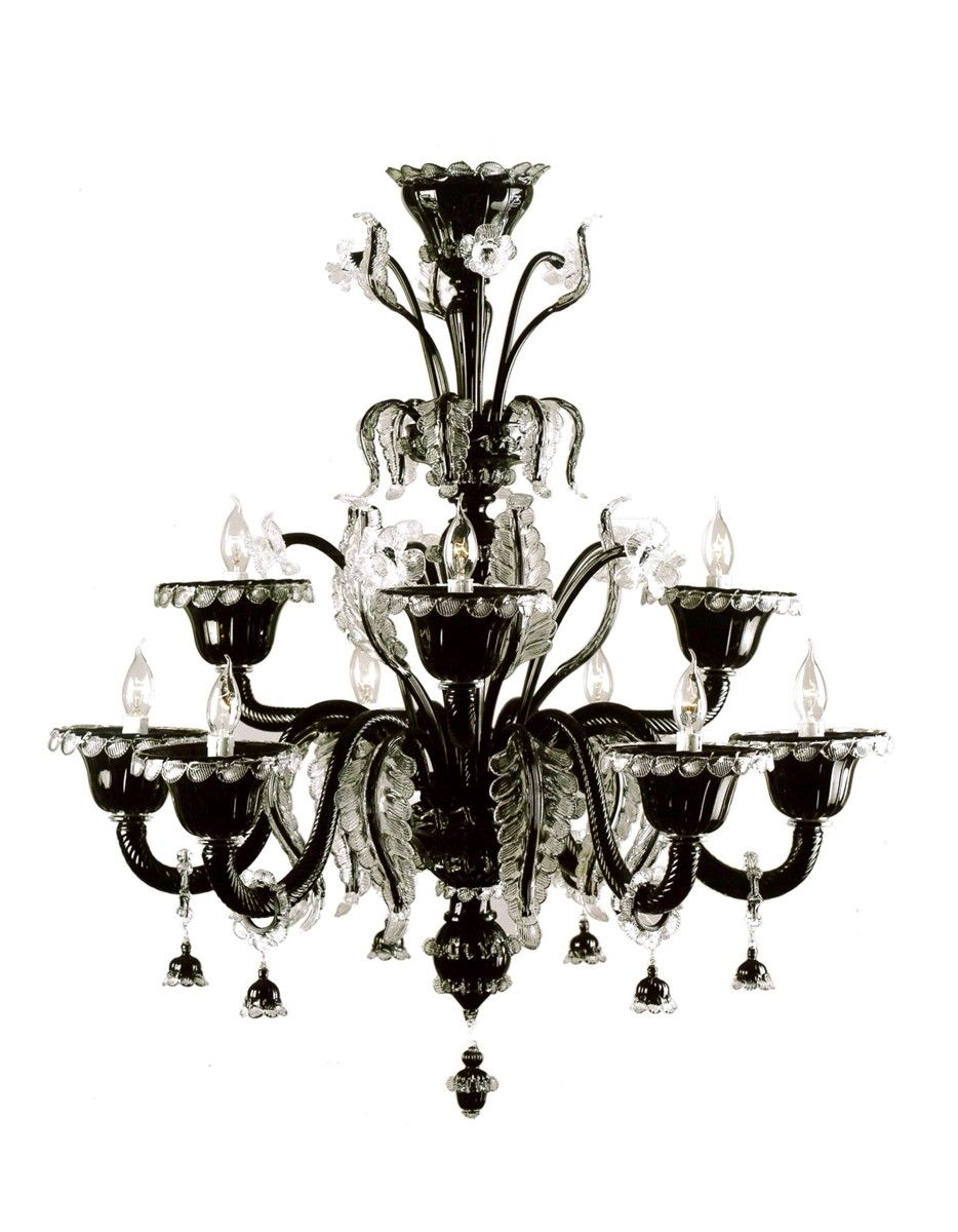 Italian Luxury Lighting / Chandeliers / Venetian Glass Black and White 9-Light V7413 009