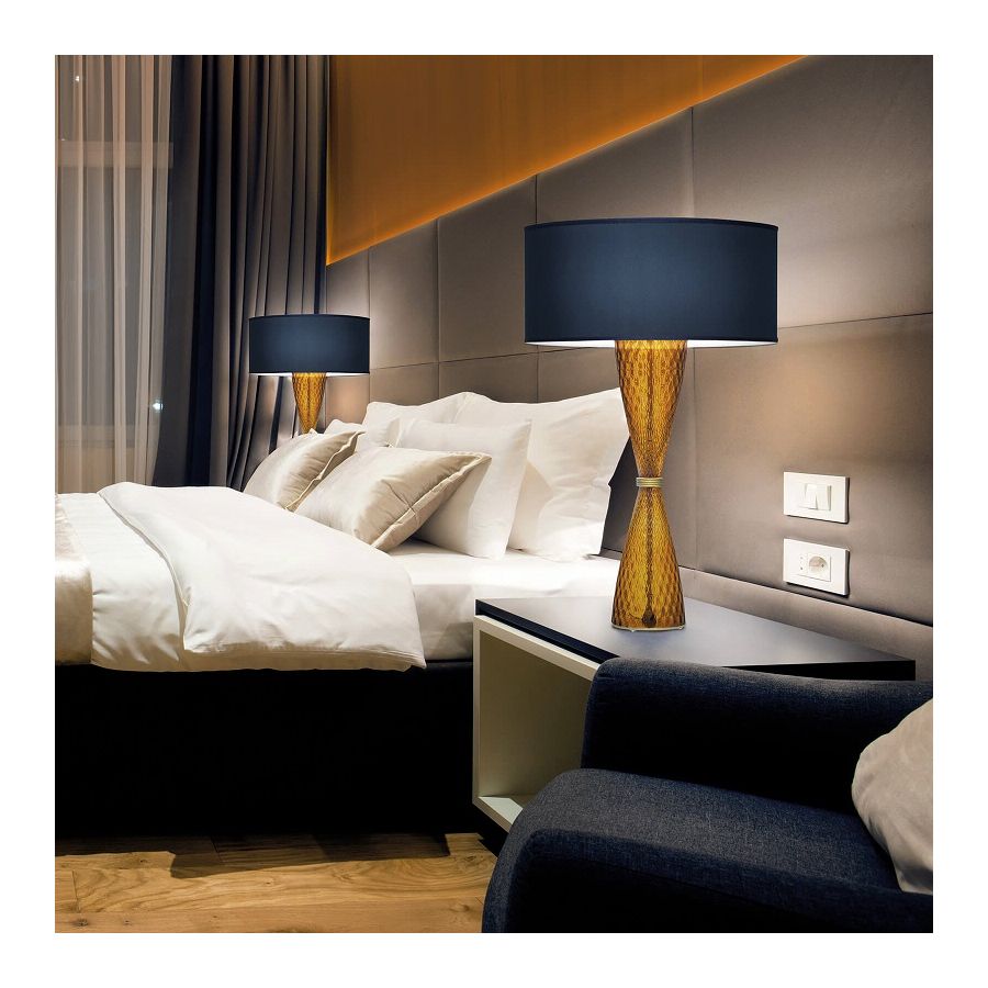 Table lamp / Shiny Gold finish / Amber glass / Ponge-blue navy fabric lampshade