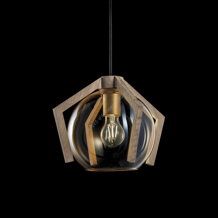 Modern pendant lamp / Matt gold and natural wood finishes / Fumè glass