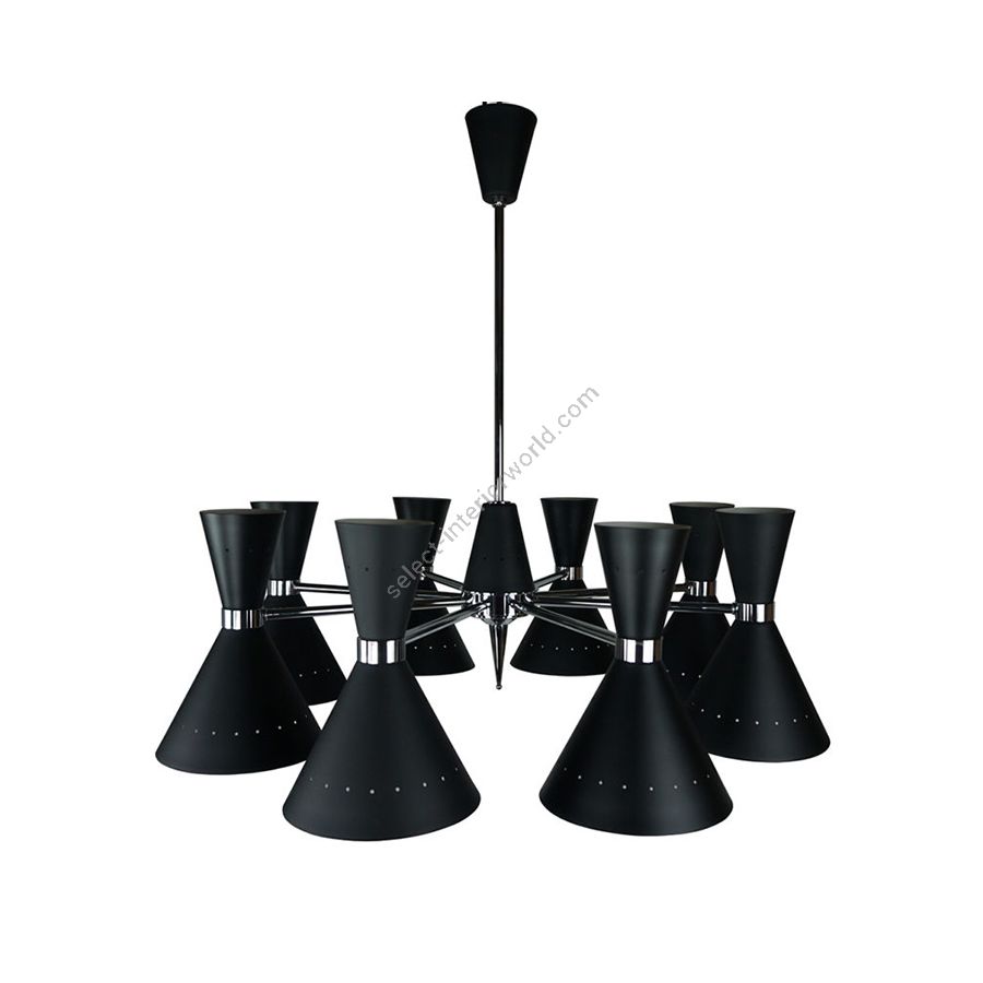 Brass chrome finish / Black metal lampshades / 8 lights (cm.: 75 x 75 x 75 / inch.: 29.5" x 29.5" x 29.5")