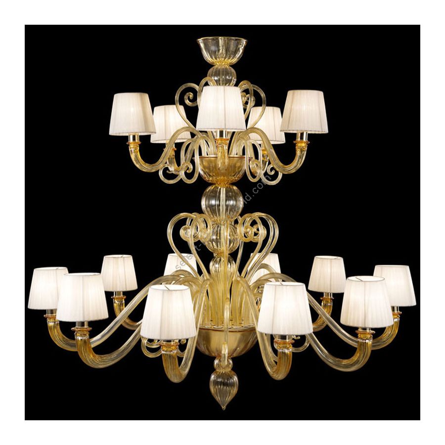 Gold Finish / Amber Glass / Ivory Lampshades