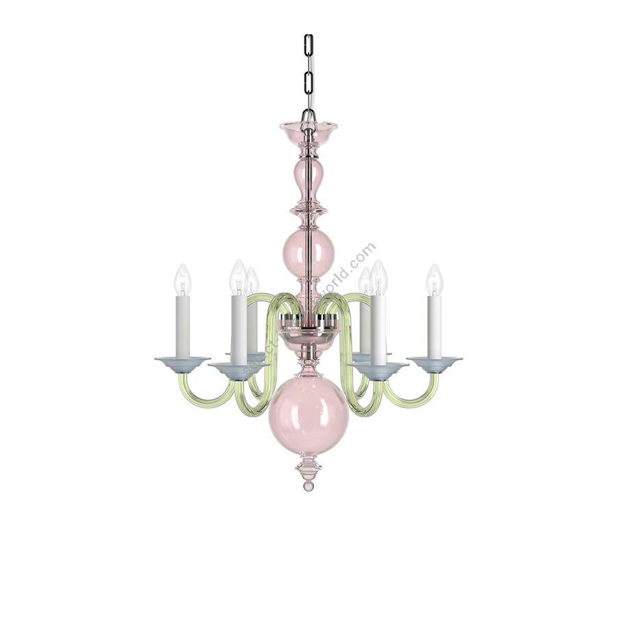 Chrome Finish / Light Rose, Green and Light Blue Frosted colour of Glass / 6 lights (cm.: H 76 x W 62 / inch.: H 29.9" x W 24.4")