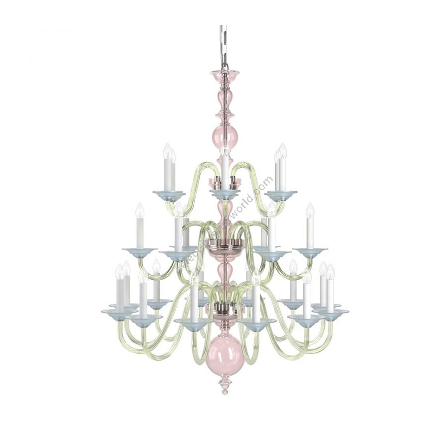 Chrome Finish / Light Rose, Green and Light Blue Frosted color of Glass / 24 lights (cm.: H 131 x W 99 / inch.: H 51.6" x W 39")