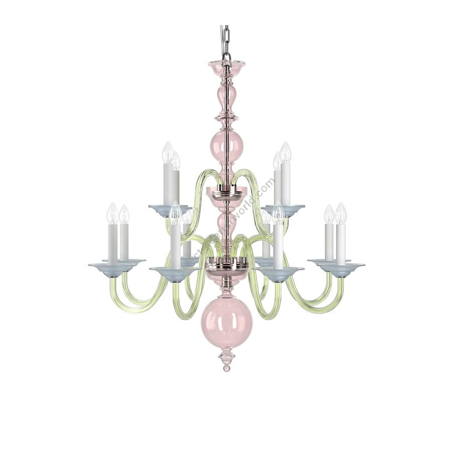 Chrome Finish / Light Rose, Green and Light Blue Frosted color of Glass / 12 lights (cm.: H 98 x W 88 / inch.: H 38.6" x W 34.6")