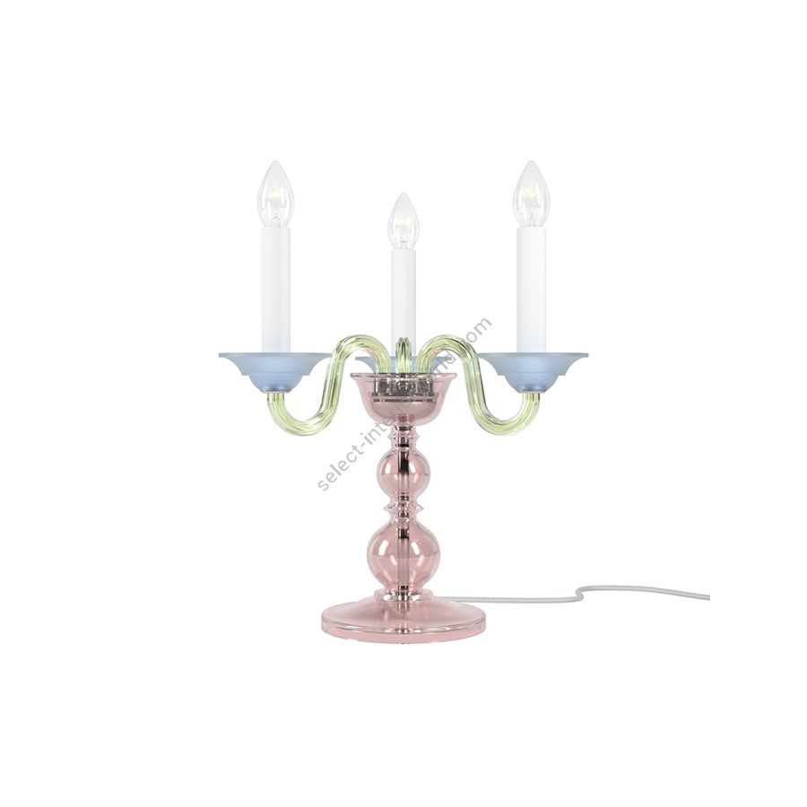 Luxurious and Elegant Table Lamp, Three Candles / Light Rose and Light Blue Frosted glass colour