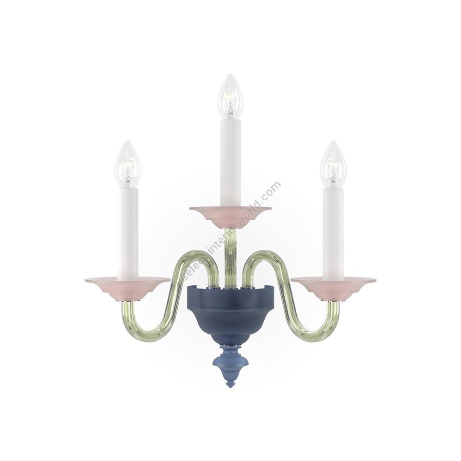 Elegant Wall Sconce Three Candles / Chrome metal with Dark Blue, Green and Rose glass