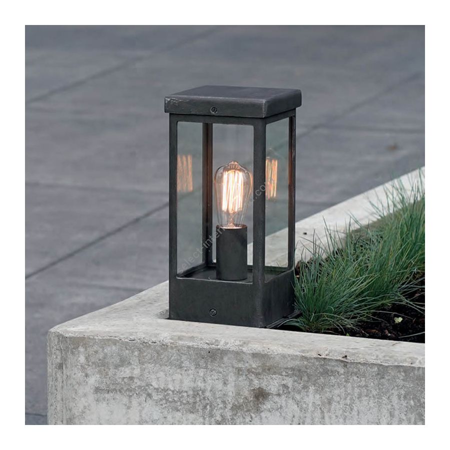 Outdoor pedestal lamp, crafted of wrought iron, clear glass, iron nature finish