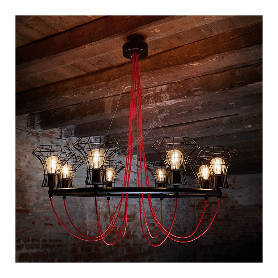 Suspension lamp / Jet black finish / Scarlet red rayon cable colour / 8 lights (cm.: H 125 x W 118 / inch.: H 49.2" x W 46.4")